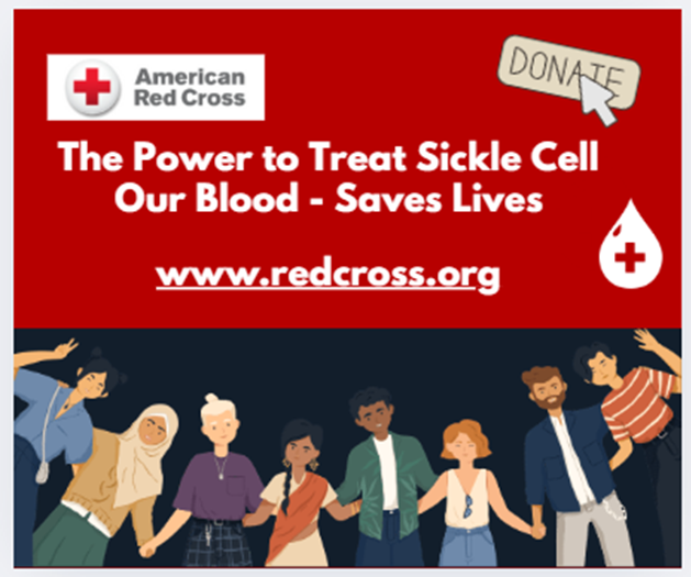The Power to Treat Sickle Cell. Our Blood - Saves LIves. www.redcross.org. American Red Cross. Social media tile, with happy BIPOC persons on the bottom half. 
