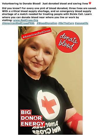 Donate Blood. Image of a American Red Cross Volunteer just after donating blood. #AmericanRedCross, Donate Blood. Big Donor Energy. Plays to 